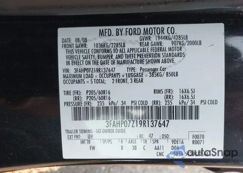 2009 Ford Fusion Se z USA, uszkodzony, nr VIN 3FAHP07Z19R137647